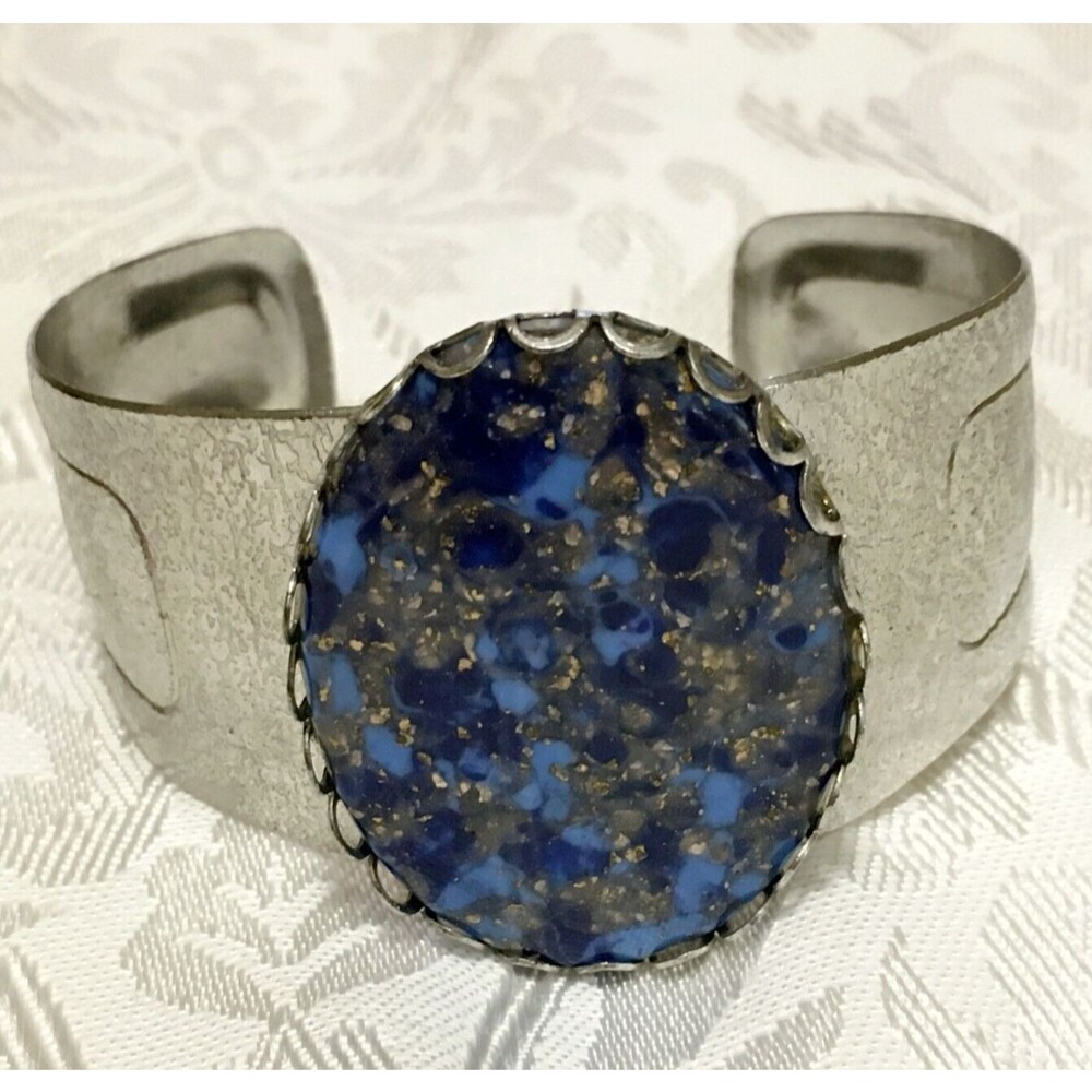 Vintage Cuff Bracelet Speckled Blue Resin Cabochon Faux Stone Wide Cuff
